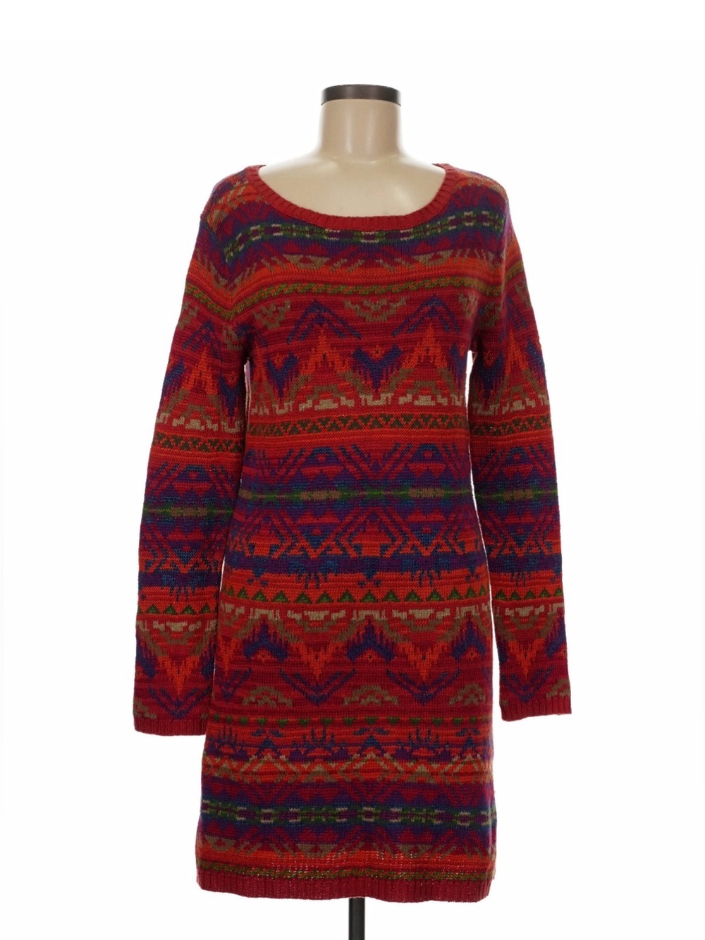 Polo Ralph Lauren Fair Isle Sweater Dress Red Knit Aztec SouthWestern Linen Silk - Picture 2 of 5